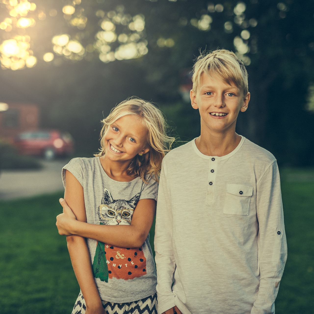 siblings, brother, sister, friends, boy, girl, children, offspring, kids, teens, teenagers, blond, relationship, relatives, two, outdoor, portrait, summer, happy, nature, smiling, smile